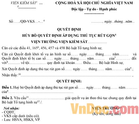 Mẫu quyết định hủy bỏ quyết định áp dụng thủ tục rút gọn