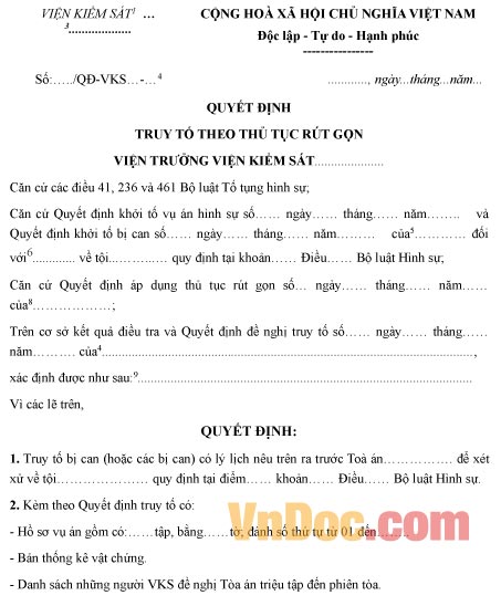 Mẫu quyết định truy tố theo thủ tục rút gọn
