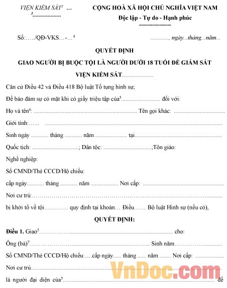 Mẫu quyết định giao người bị buộc tội là người dưới 18 tuổi để giám sát