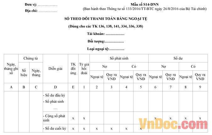 Mẫu sổ theo dõi thanh toán bằng ngoại tệ