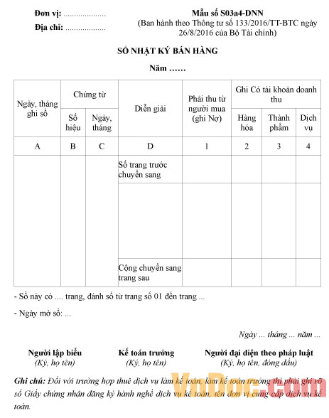 Mẫu Sổ nhật ký bán hàng