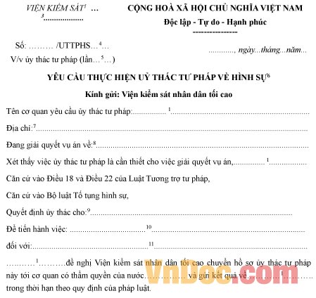 Mẫu yêu cầu về việc thực hiện ủy thác tư pháp về hình sự