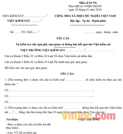 Mẫu yêu cầu tự kiểm tra việc tạm giam, thông báo kết quả cho Viện kiểm sát