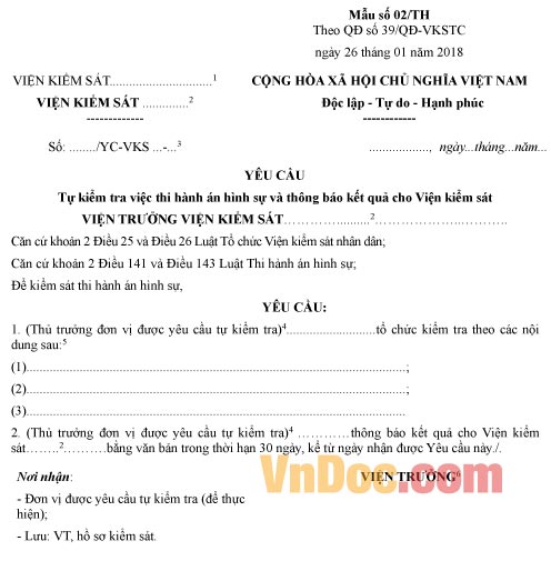 Mẫu yêu cầu tự kiểm tra thi hành án hình sự, thông báo kết quả cho Viện kiểm sát