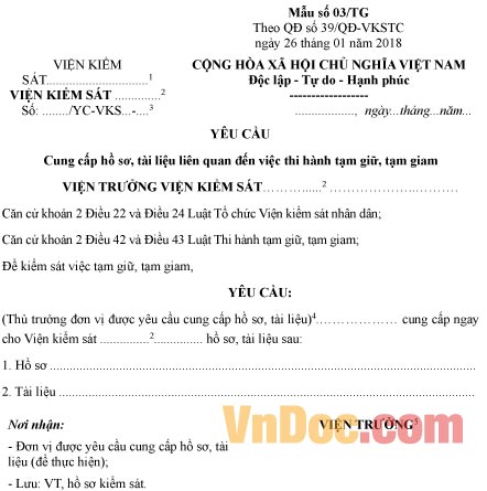 Mẫu yêu cầu cung cấp hồ sơ, tài liệu liên quan đến việc thi hành tạm giữ, tạm giam
