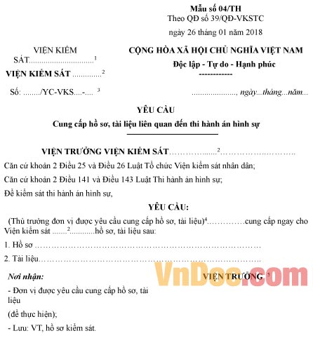 Mẫu yêu cầu cung cấp hồ sơ, tài liệu liên quan đến thi hành án hình sự