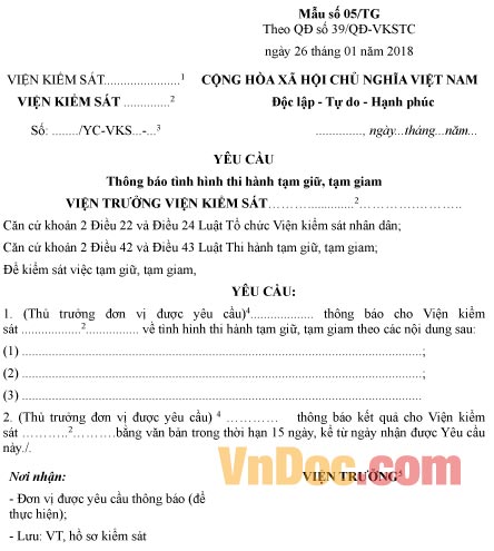 Mẫu yêu cầu thông báo tình hình thi hành tạm giữ, tạm giam