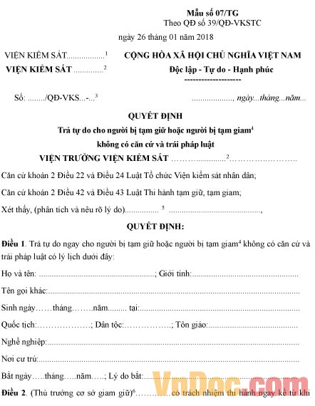 Mẫu quyết định trả tự do cho người bị tạm giam không có căn cứ và trái pháp luật