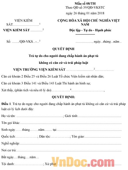 Mẫu quyết định trả tự do cho người đang chấp hành án phạt tù không có căn cứ và trái pháp luật
