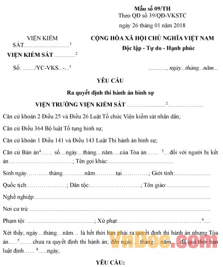 Mẫu yêu cầu ra quyết định thi hành án hình sự