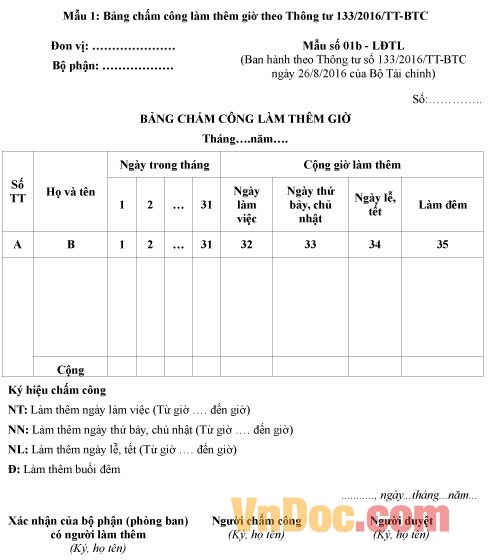 Mẫu bảng chấm công làm thêm giờ