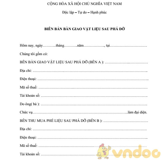 Mẫu biên bản bàn giao vật liệu sau phá dỡ