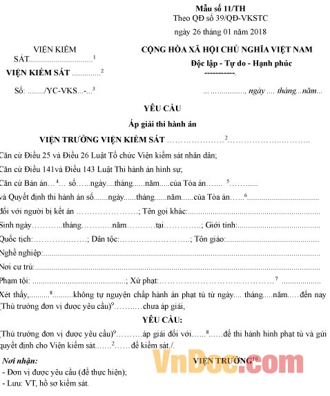 Mẫu yêu cầu áp giải thi hành án