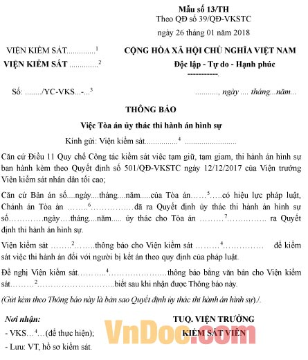 Mẫu thông báo việc Tòa án ủy thác thi hành án hình sự