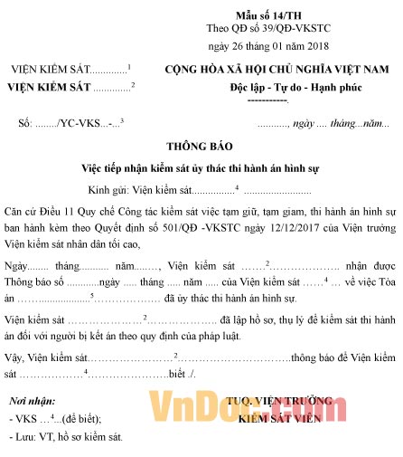 Mẫu thông báo việc tiếp nhận kiểm sát ủy thác thi hành án hình sự