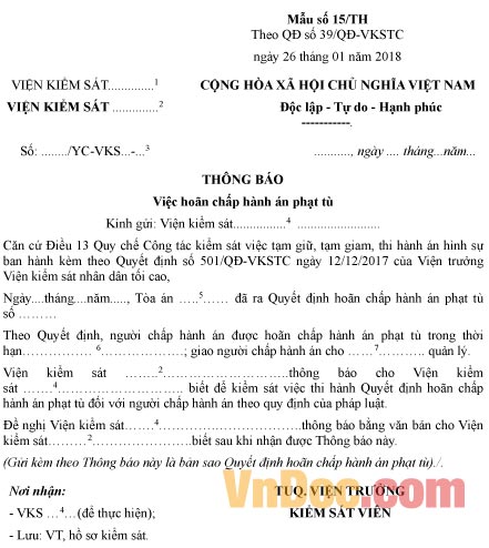 Mẫu thông báo việc hoãn chấp hành án phạt tù