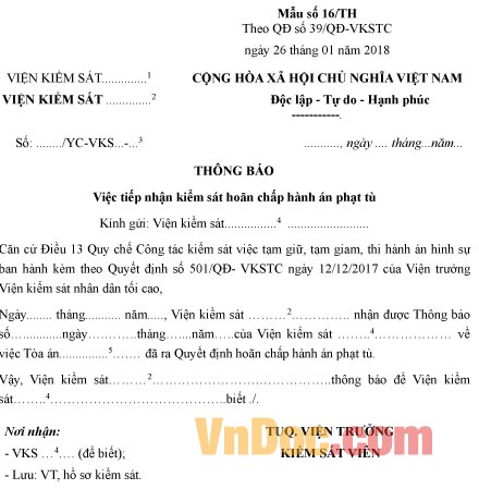 Mẫu thông báo việc tiếp nhận kiểm sát hoãn chấp hành án phạt tù