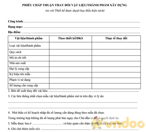 Phiếu chấp thuận thay đổi vật liệu, thành phẩm xây dựng