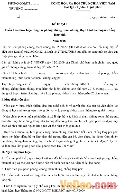 Kế hoạch triển khai thực hiện phòng, chống tham nhũng, lãng phí