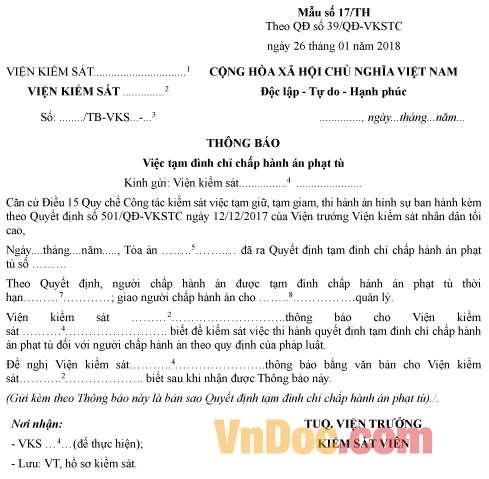 Mẫu thông báo việc tạm đình chỉ chấp hành án phạt tù