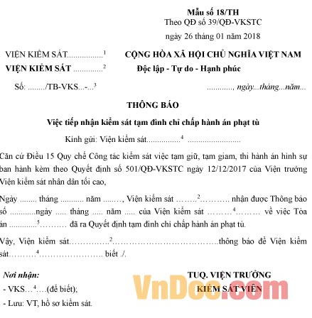 Mẫu thông báo việc tiếp nhận kiểm sát tạm đình chỉ chấp hành án phạt tù