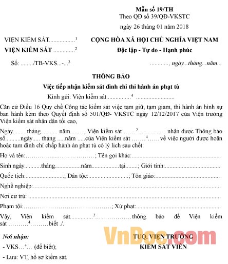 Mẫu thông báo việc tiếp nhận kiểm sát đình chỉ thi hành án phạt tù