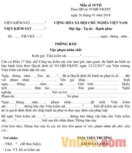 Mẫu thông báo việc phạm nhân chết