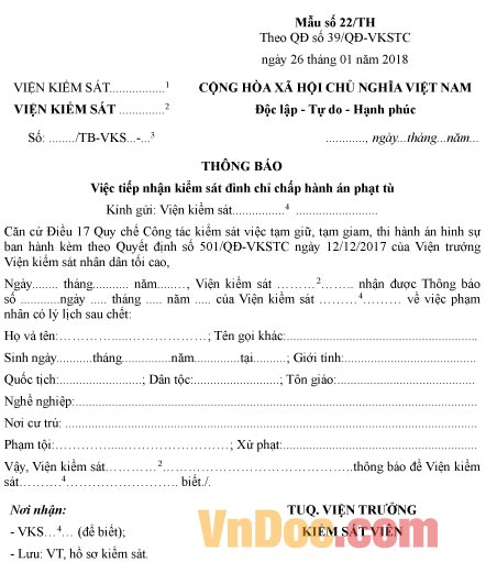 Mẫu thông báo việc tiếp nhận kiểm sát đình chỉ chấp hành án phạt tù