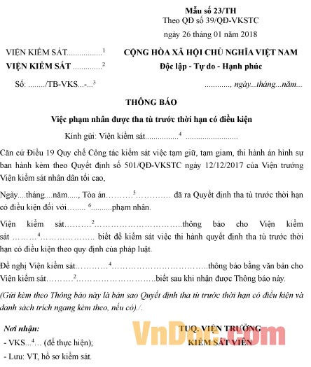 Mẫu thông báo việc phạm nhân được tha tù trước thời hạn có điều kiện