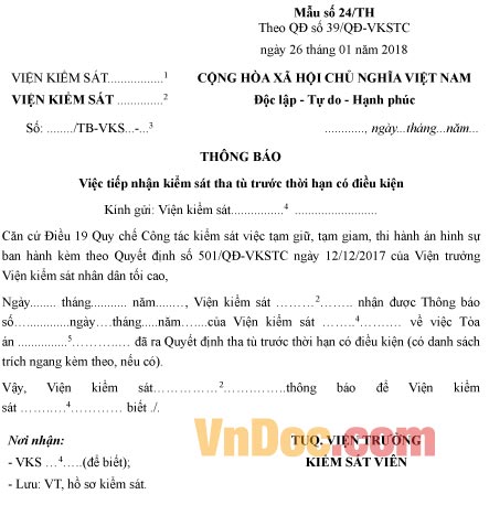 Mẫu thông báo việc tiếp nhận kiểm sát tha tù trước thời hạn có điều kiện