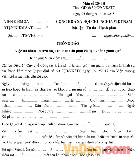Mẫu thông báo thi hành án treo hoặc thi hành án phạt cải tạo không giam giữ