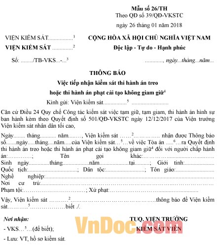 Mẫu thông báo tiếp nhận kiểm sát thi hành án treo hoặc án phạt cải tạo không giam giữ