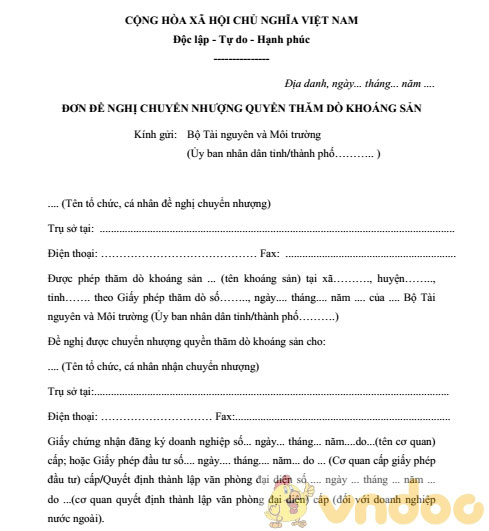 Đơn đề nghị chuyển nhượng quyền thăm dò khoáng sản