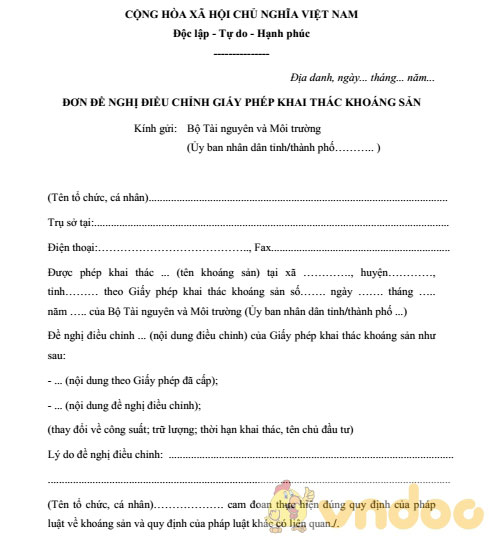 Đơn đề nghị điều chỉnh giấy phép khai thác khoáng sản