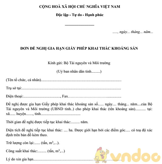 Đơn đề nghị gia hạn giấy phép khai thác khoáng sản