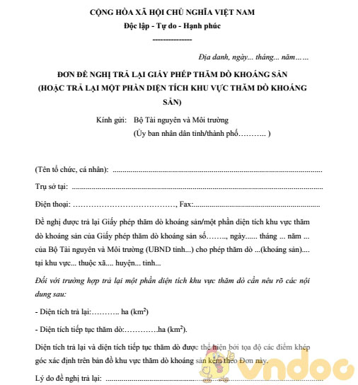 Đơn đề nghị trả lại giấy phép thăm dò khoáng sản
