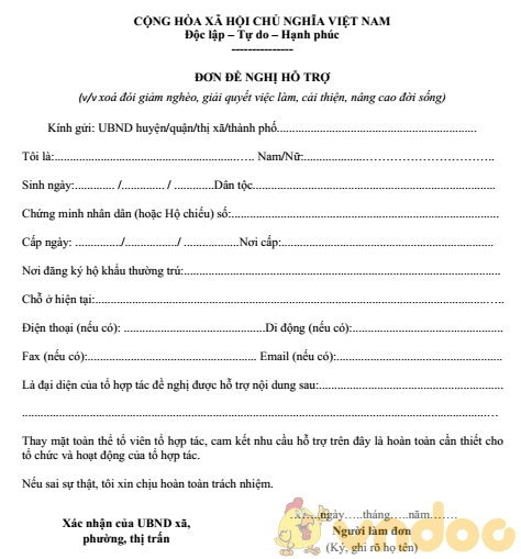 Đơn đề nghị hỗ trợ xóa đói, giải quyết việc làm