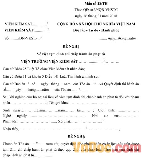 Mẫu đề nghị về việc tạm đình chỉ chấp hành án phạt tù