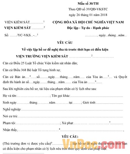 Mẫu yêu cầu về việc lập hồ sơ đề nghị tha tù trước thời hạn có điều kiện