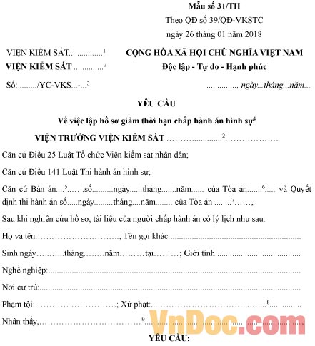 Mẫu yêu cầu về việc lập hồ sơ giảm thời hạn chấp hành án hình sự