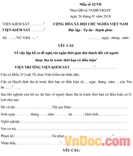 Mẫu yêu cầu lập hồ sơ đề nghị rút ngắn thời gian thử thách đối với người được tha tù trước thời hạn có điều kiện