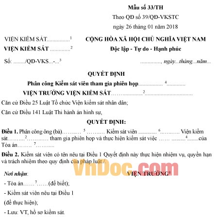 Mẫu quyết định phân công Kiểm sát viên tham gia phiên họp