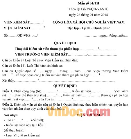 Mẫu quyết định thay đổi Kiểm sát viên tham gia phiên họp