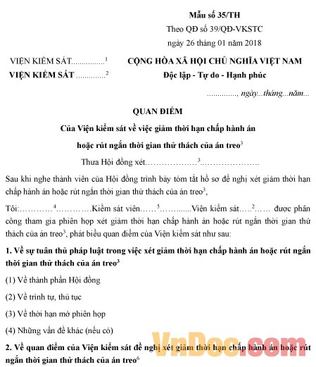 Mẫu quan điểm của Viện kiểm sát về việc giảm thời hạn chấp hành án hoặc rút ngắn thời gian thử thách của án treo
