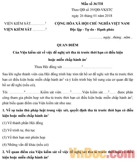 Mẫu quan điểm của Viện kiểm sát về việc đề nghị xét tha tù trước thời hạn có điều kiện hoặc miễn chấp hành án
