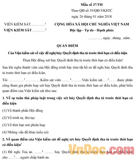 Mẫu quan điểm của Viện kiểm sát về việc đề nghị hủy Quyết định tha tù trước thời hạn có điều kiện