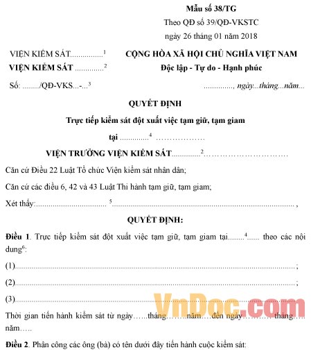 Mẫu quyết định trực tiếp kiểm sát đột xuất việc tạm giữ, tạm giam