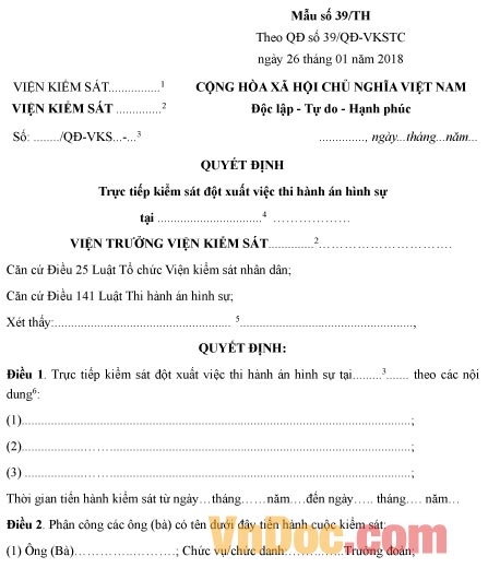 Mẫu quyết định trực tiếp kiểm sát đột xuất việc thi hành án hình sự