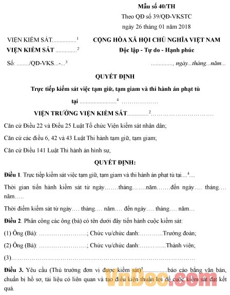 Mẫu quyết định trực tiếp kiểm sát việc tạm giữ, tạm giam và thi hành án phạt tù