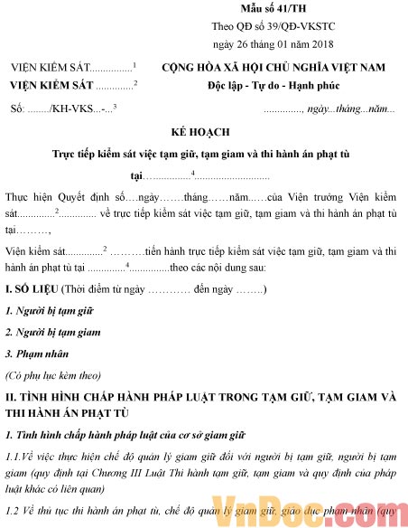 Mẫu kế hoạch trực tiếp kiểm sát việc tạm giữ, tạm giam và thi hành án phạt tù